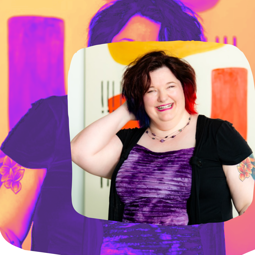 Smiling woman in colorful attire against vibrant background