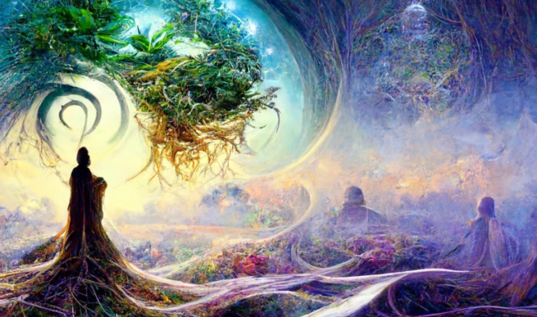 Mystical forest with meditating figures and swirling colors