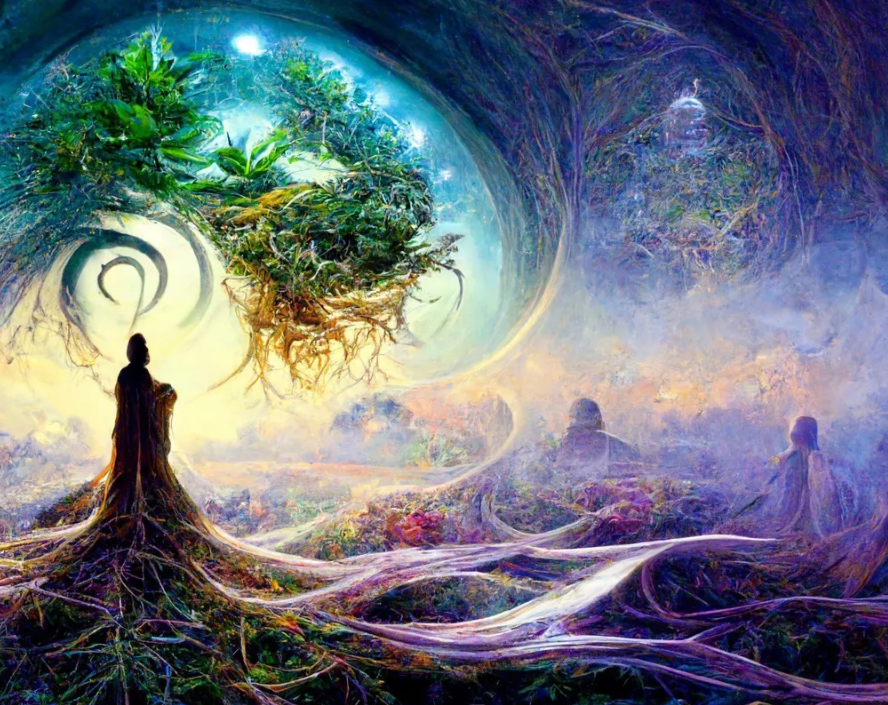 Mystical forest with meditating figures and swirling colors