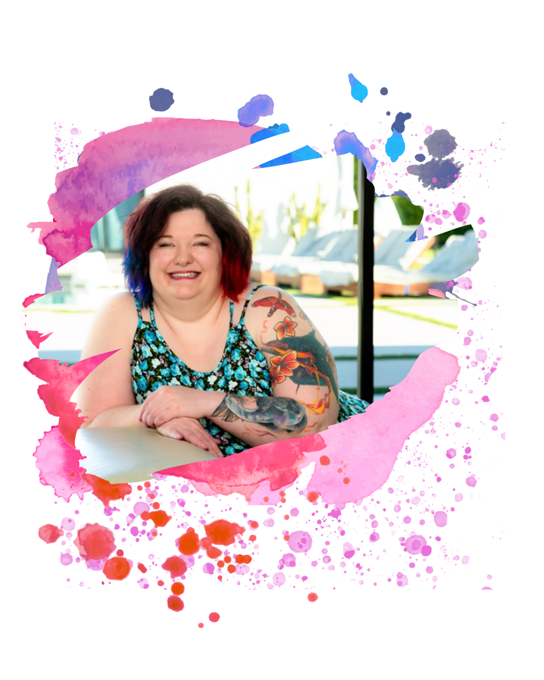 Smiling woman with colorful tattoos and vibrant watercolor design