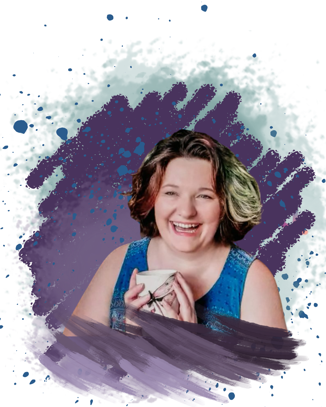 Woman smiling while holding a cup in casual artistic setting