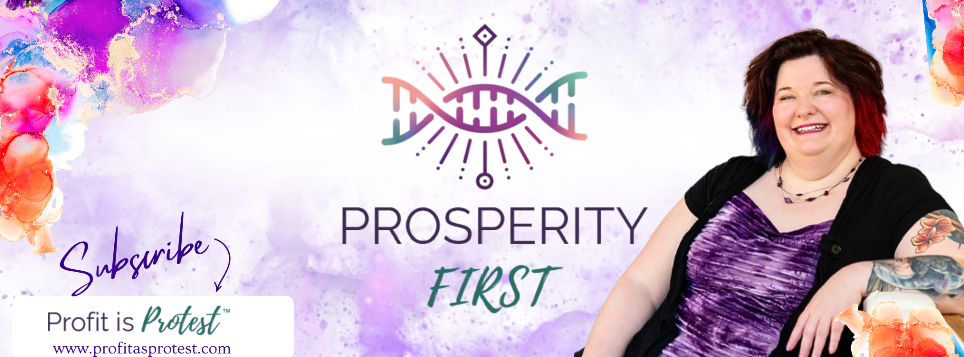 Woman smiling with Prosperity First branding and colorful design