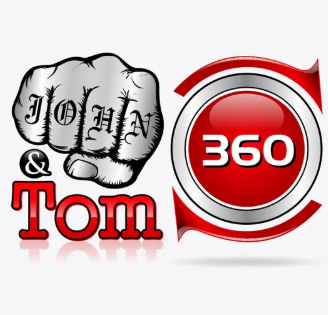 "John and Tom 360 Logo with Fist and Red Circular Design"