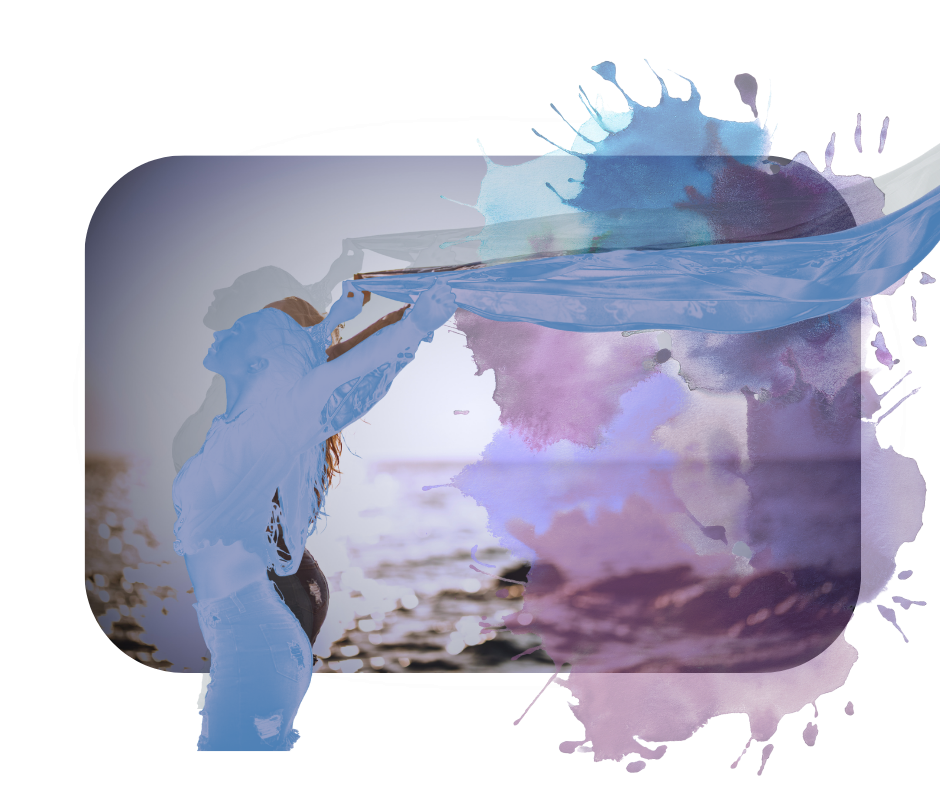 Woman with scarf by ocean in artistic double exposure effect