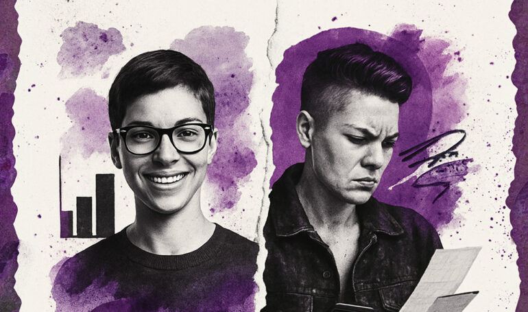 Artistic illustration of two people with purple watercolor background