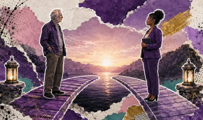 financial strategy Two people on bridges facing each other at sunset.
