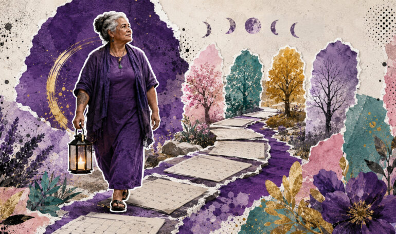 Elderly woman walking on a mystical path with a lantern Elderly woman walking on a mystical path with a lantern