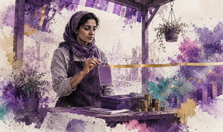 Stop undeselling your services Woman selling goods at a vibrant market stall illustration