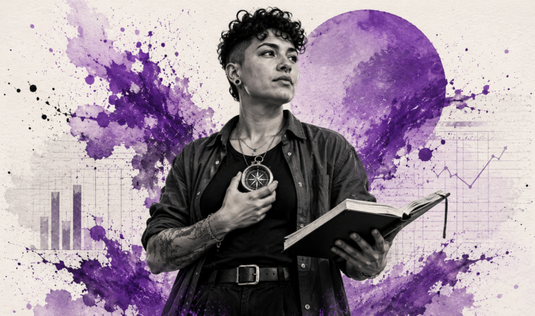 Person holding a book and compass with purple abstract design