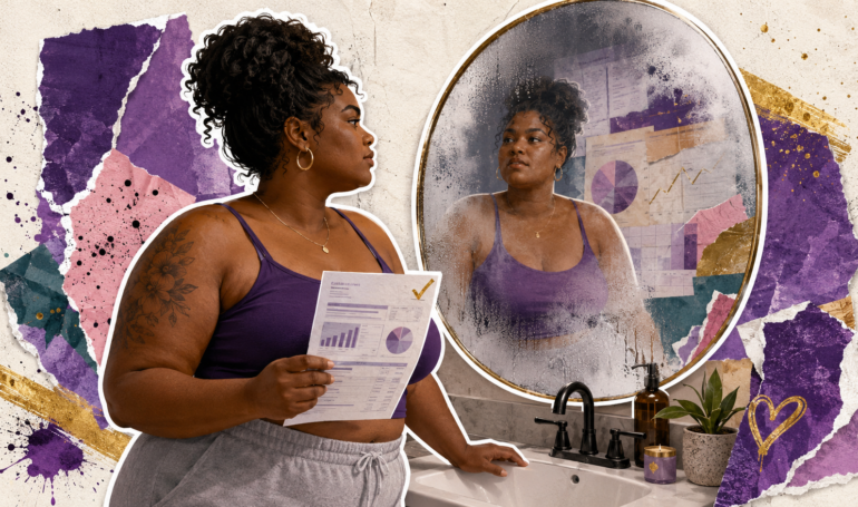 How can I stop avoiding my business finances Woman in purple top with document reflecting in mirror