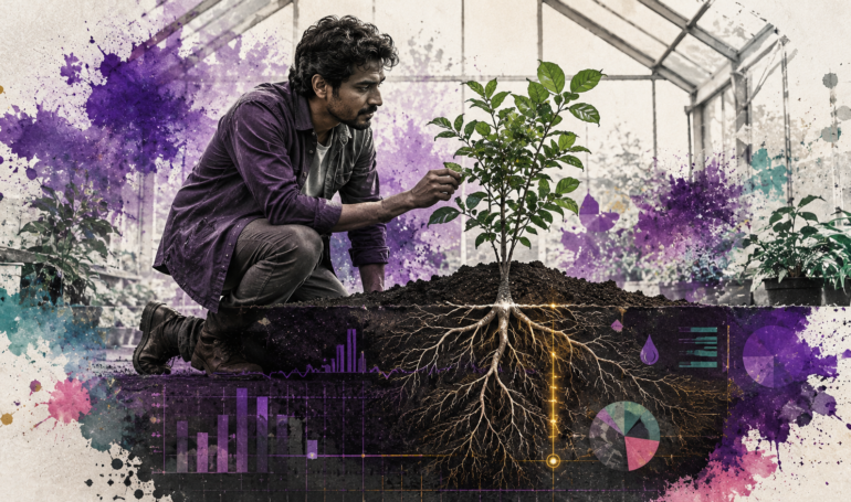 Man tending plant with visible roots and analytics in greenhouse
