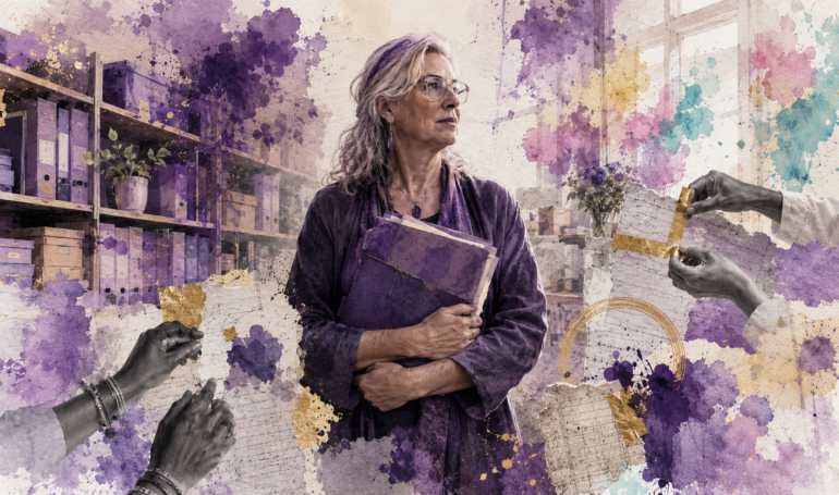 Woman holding book in artistic purple and gold library setting