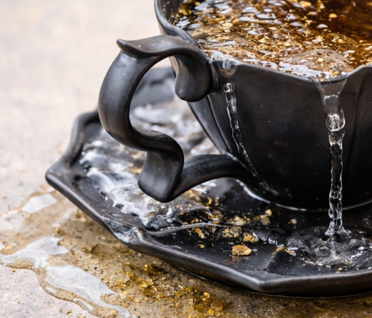 Black cup overflowing with water on a saucer with spilled liquid