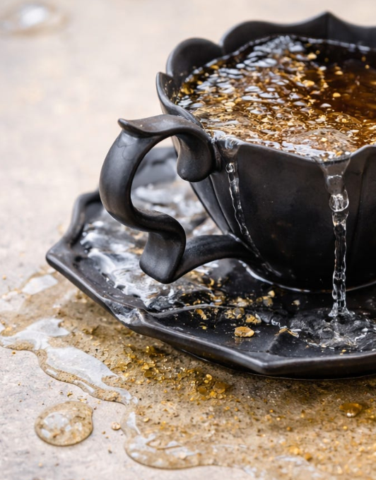 Black cup overflowing with water on a saucer with spilled liquid