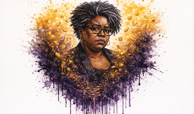 Why am I making money but still feel broke Watercolor-and-ink illustration of a plus-size Black woman business owner in her fifties: gold earnings flow in above her while the same money drains away into purple paint drips below, depicting a hidden money leak.