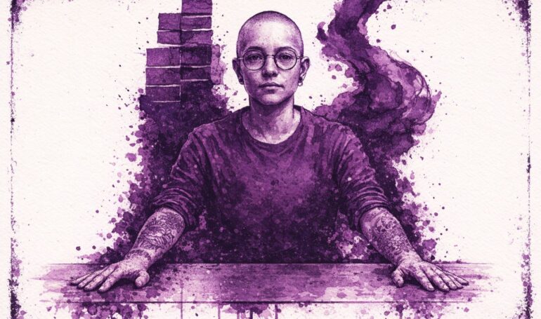 Watercolor and ink portrait of a business owner at a desk, with an orderly column of stacked shapes on one side and a flowing ink ribbon on the other, meeting behind them.