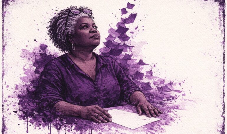 Watercolor and ink portrait of a business owner sitting at a desk with one hand on a single sheet of paper, looking up with a steady, decisive expression.