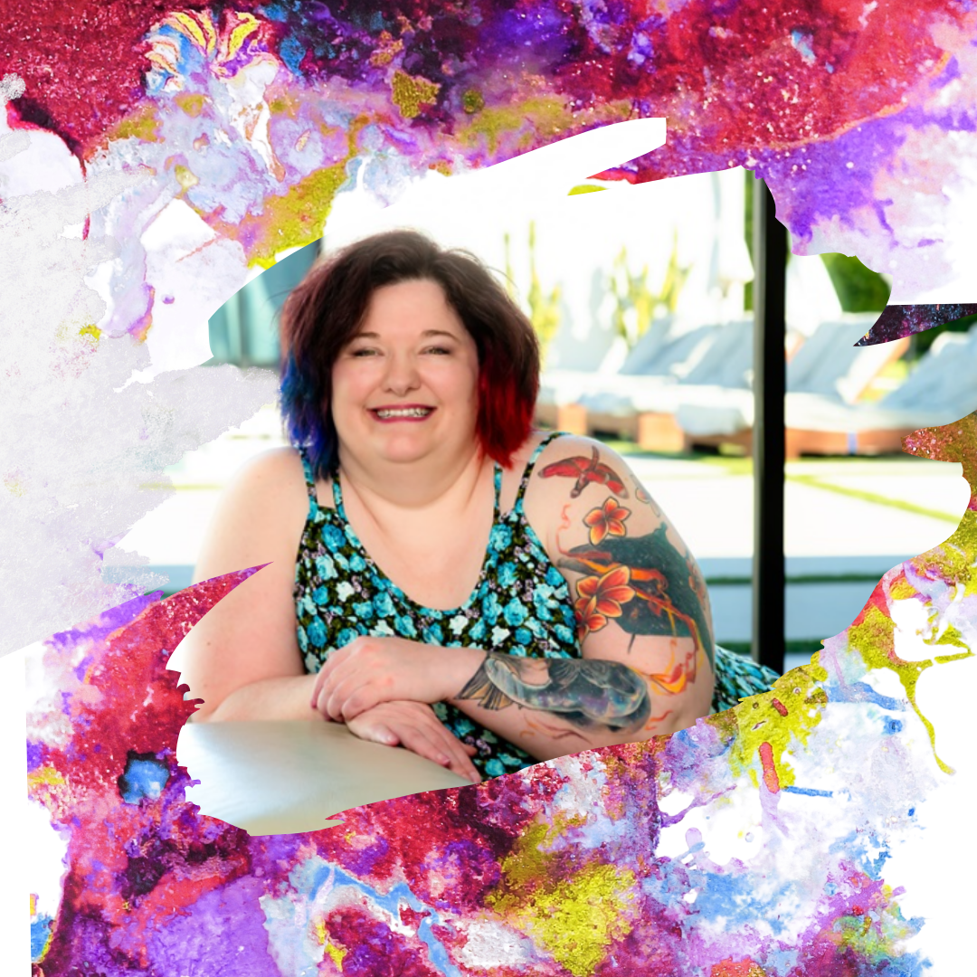 Smiling woman in colorful tank top with artistic background