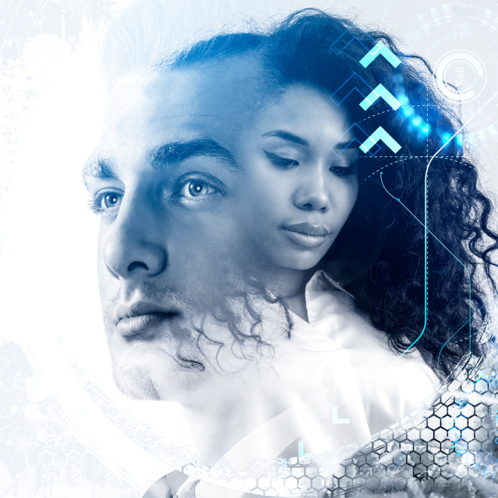 Futuristic technology abstract with diverse human faces.