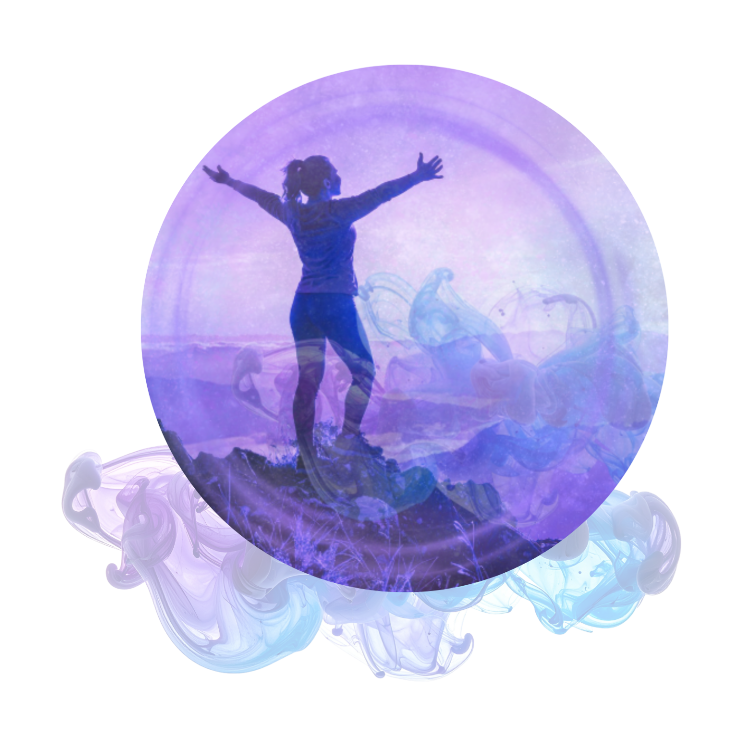 Person embracing freedom inside a vibrant colorful orb